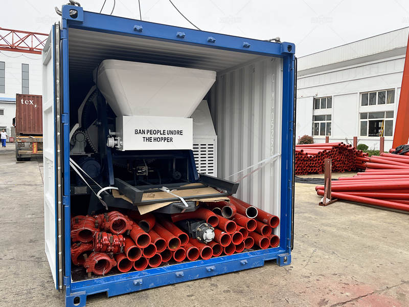 Electric concrete mixer pump and pumping tubes in container
