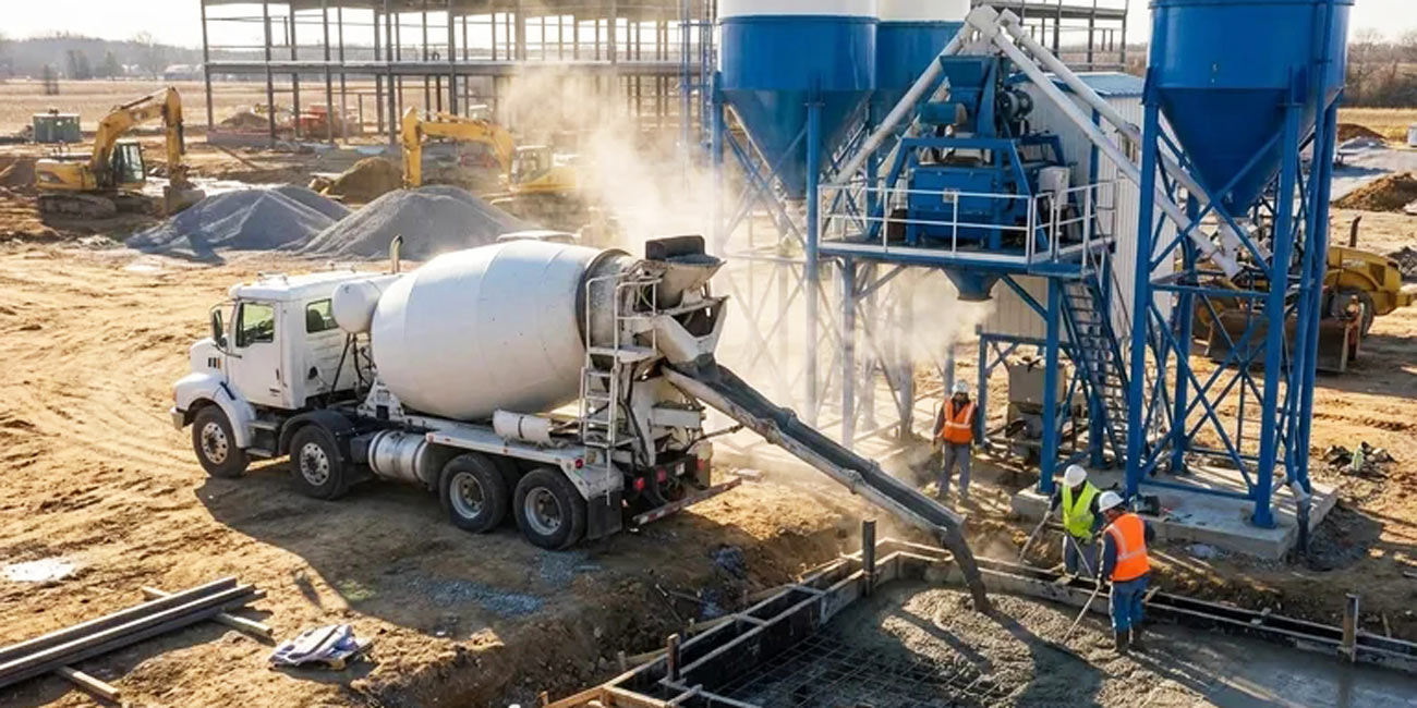 traditional concrete mixer truck working onsite