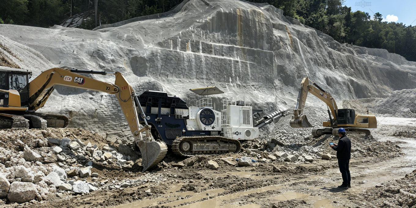 A remote-controlled AIMIX crawler mobile crushing unit walking on aggressive steel tracks on an all-terrain quarry site, with an excavator feeding raw boulders directly into its hopper.