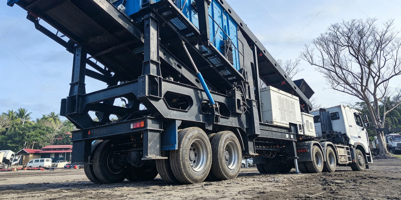 An AIMIX wheeled mobile crushing plant built on a heavy-duty tri-axle chassis being towed by a truck tractor on the highway for fast site relocation.
