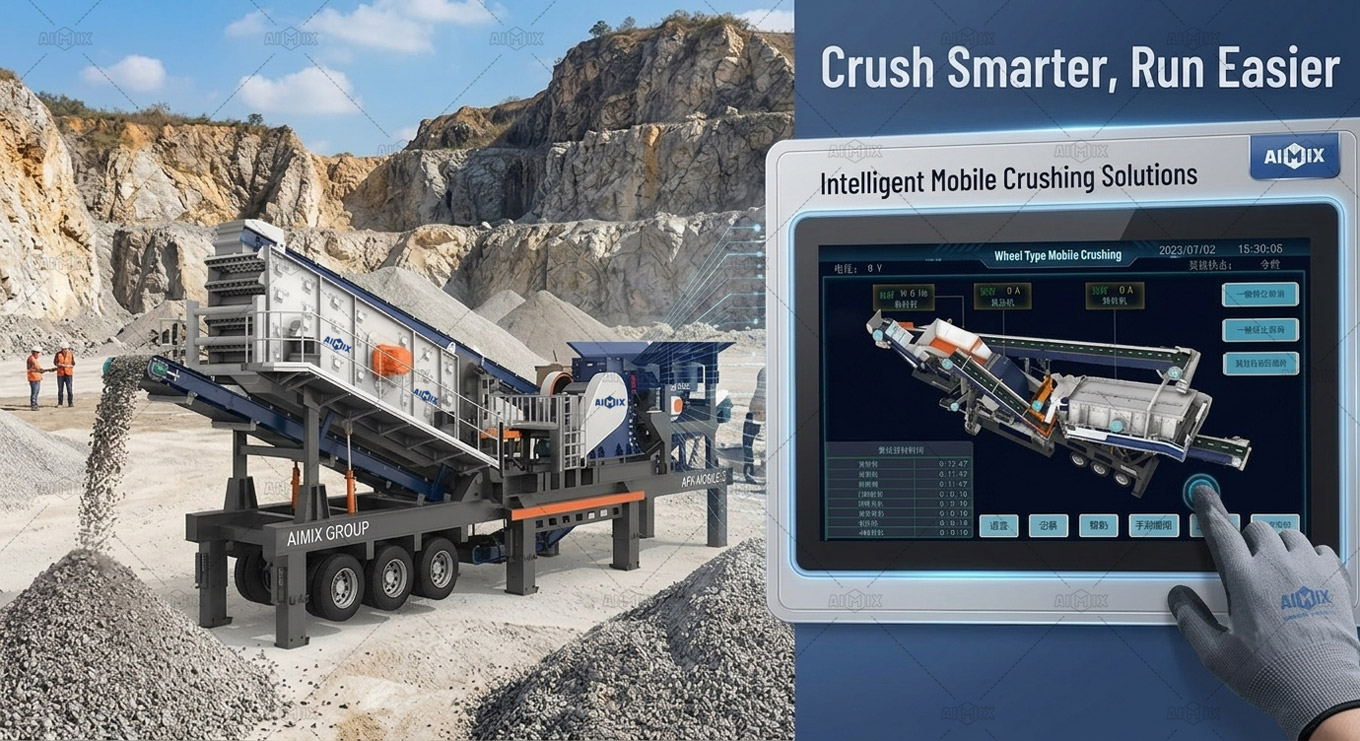 AIMIX wheel type mobile crushing plant operating on an aggregate jobsite with an integrated PLC smart touchscreen control panel showing real-time production data.