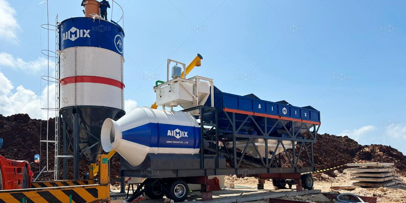 Aimix drum type 50m³h batching plant in Indonesia used for warehouse construction project