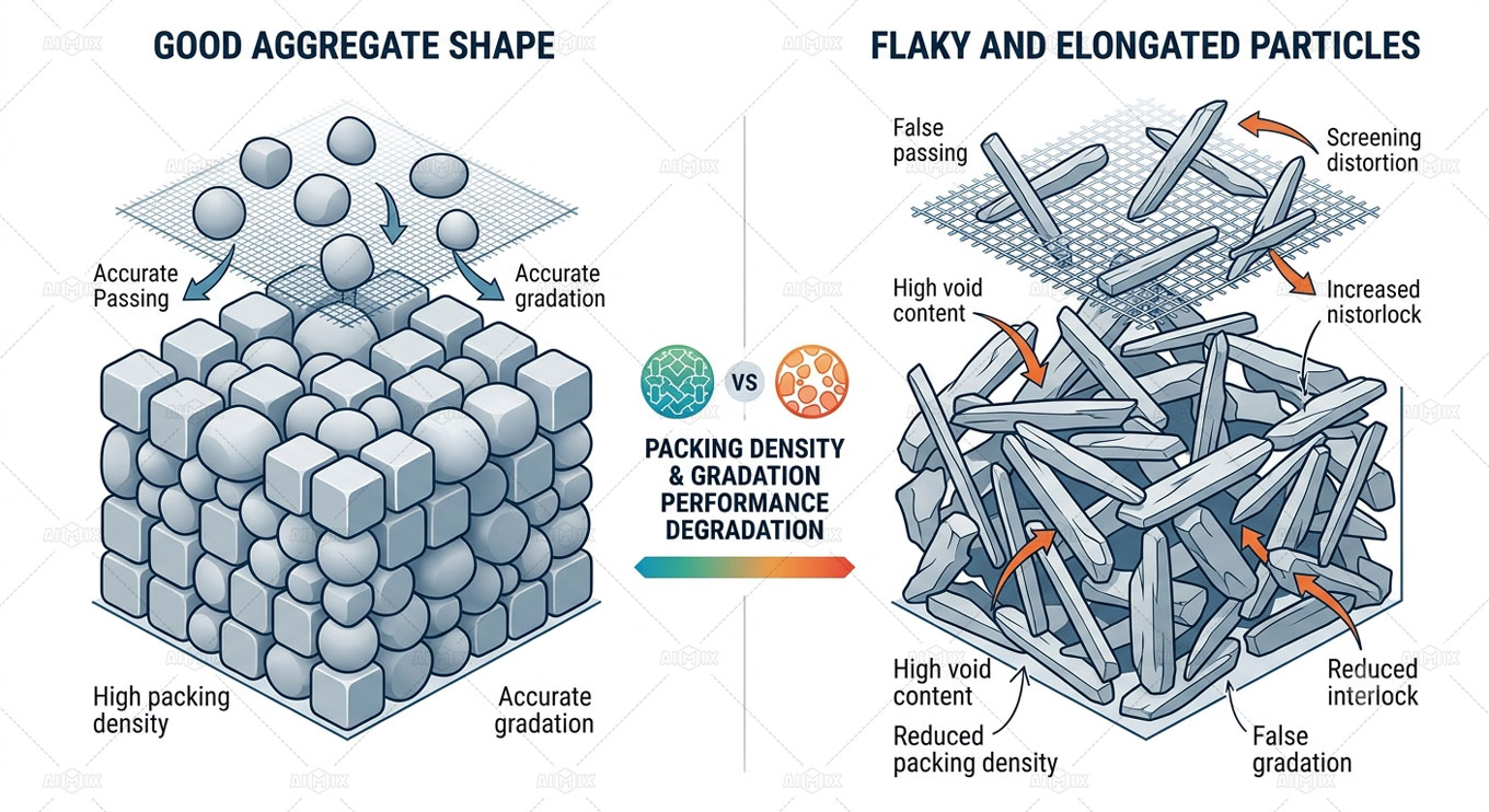 Comparison diagram showing well-shaped cubic aggregates with dense packing and accurate screening versus flaky and elongated particles causing high void content, poor packing density, and false gradation results