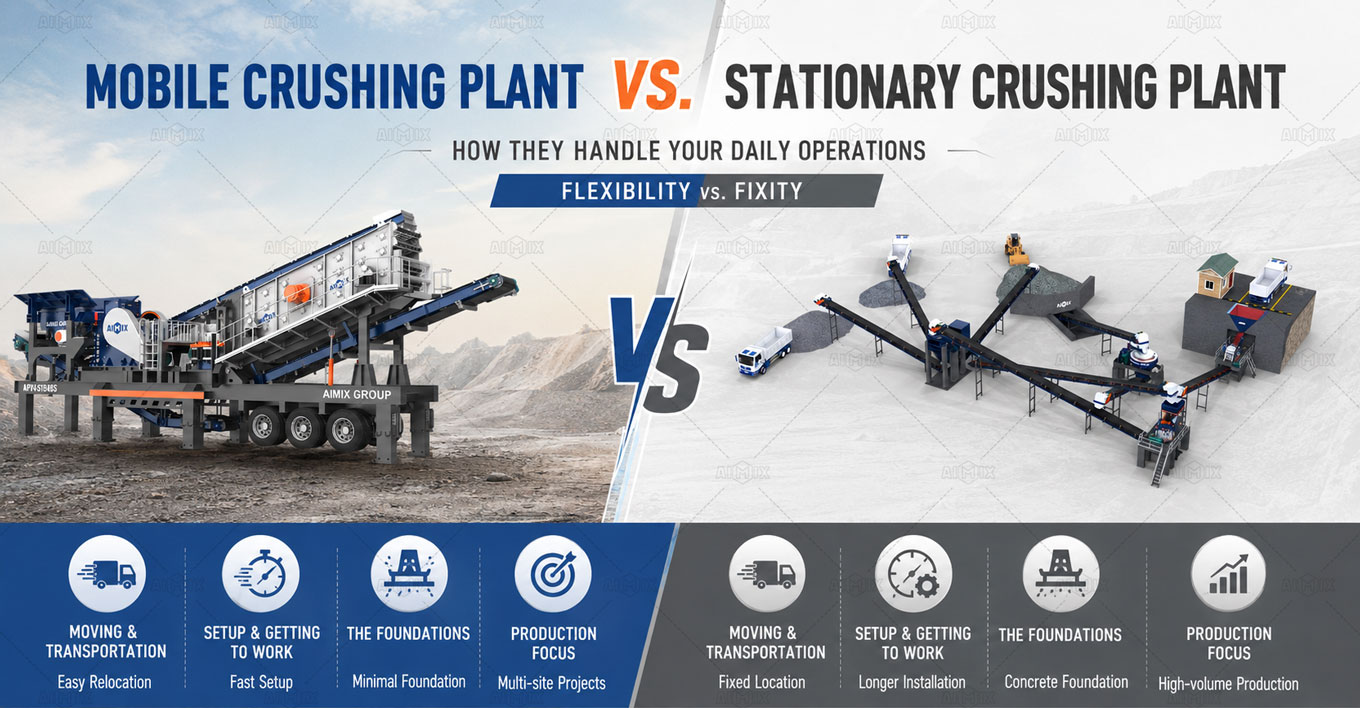 Mobile crushing plant vs stationary crushing plant comparison showing mobility, setup, foundation, and production differences