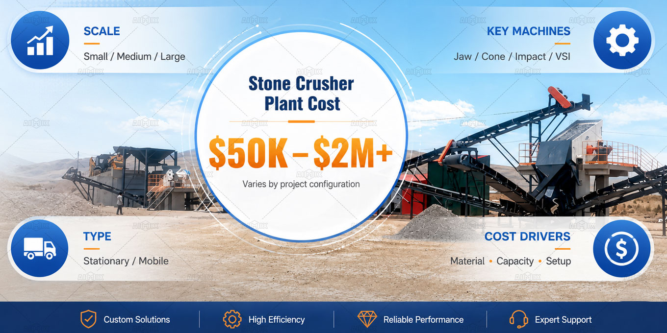 Infográfico sobre o custo de uma planta de britagem de pedra, mostrando a faixa de preço de US$ 50 mil a US$ 2 milhões, com as principais máquinas e fatores de instalação.