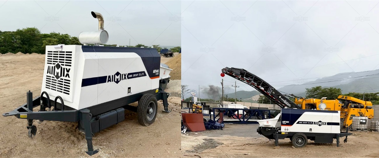 ABT40C trailer mounted concrete pump pumping onsite