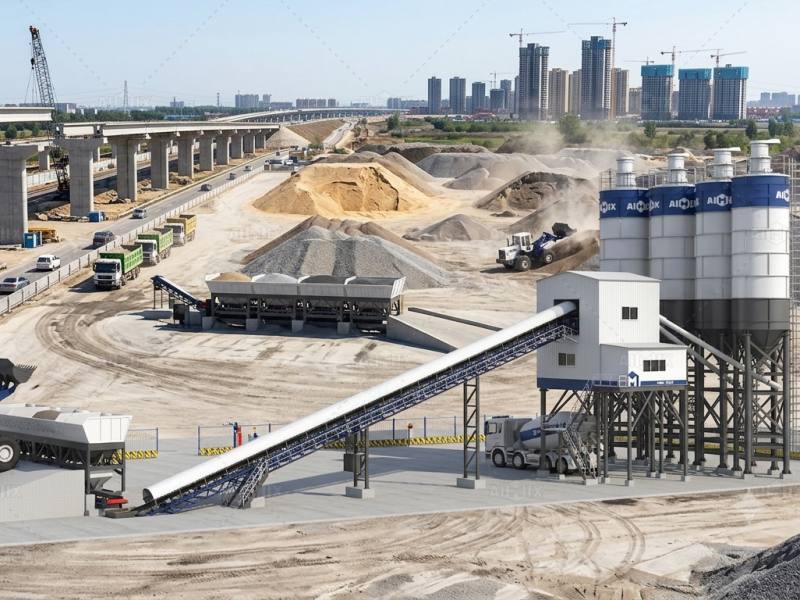 AJ belt-type stationary concrete batch plant for sale in Malaysia for large-scale projects