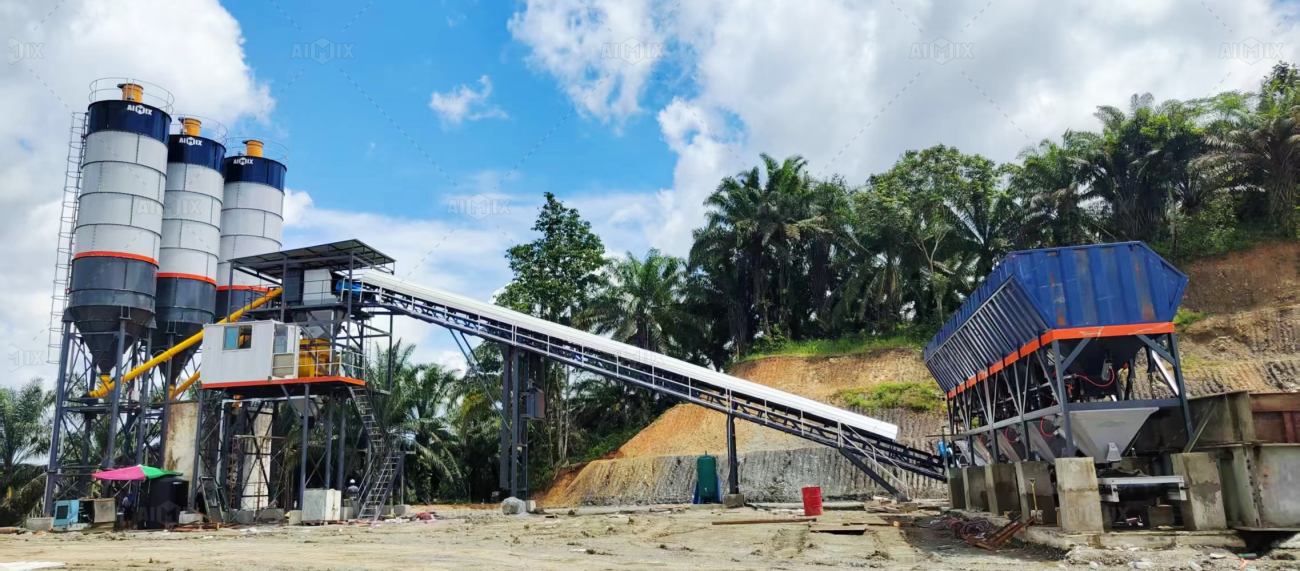 AJ90 stationary batching plant installed and used in Malaysia for highway drainage project
