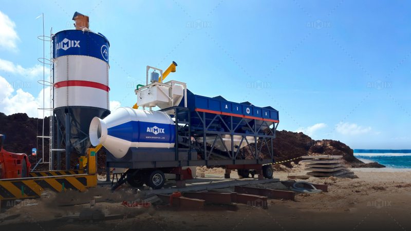 AJZY50 drum type mobile batching plant for warehouse construction project in Indonesia