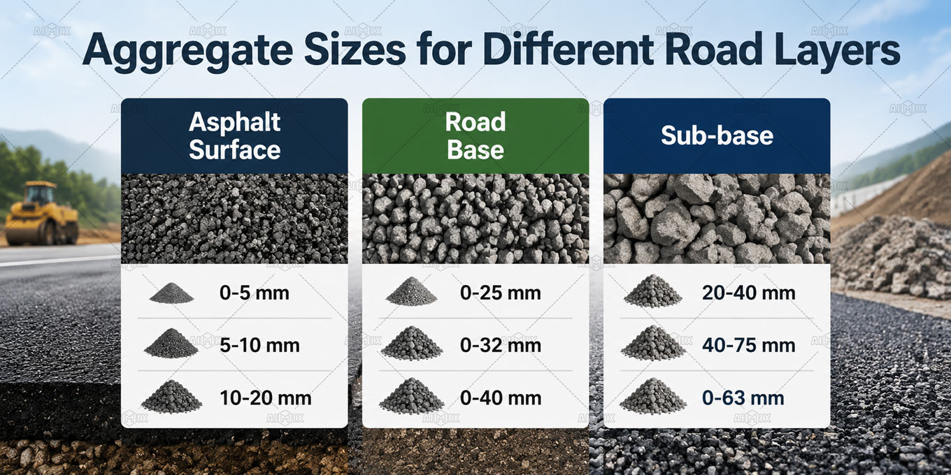 Aggregate sizes used for asphalt surface, road base, and sub-base layers in road construction
