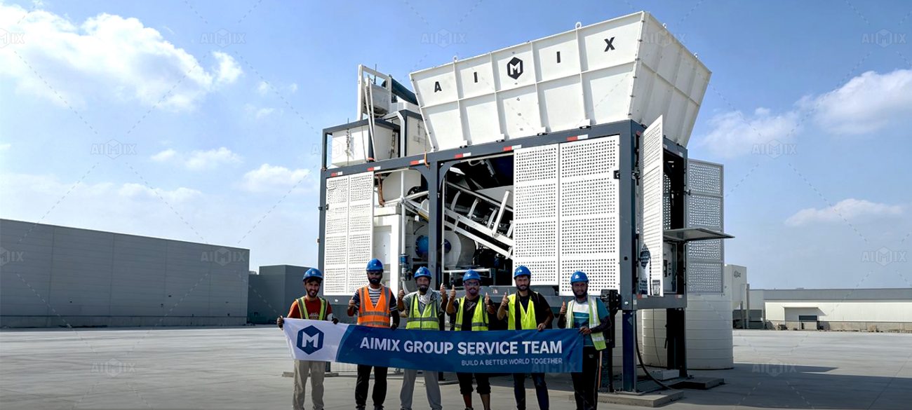 AJSY40 mobile compact batching plant for customers in Dubai UAE supporting self-built warehouse project