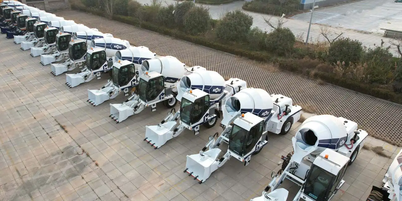 Aimix self loading concrete mixers at factory stocks – China’s number 1 export brand