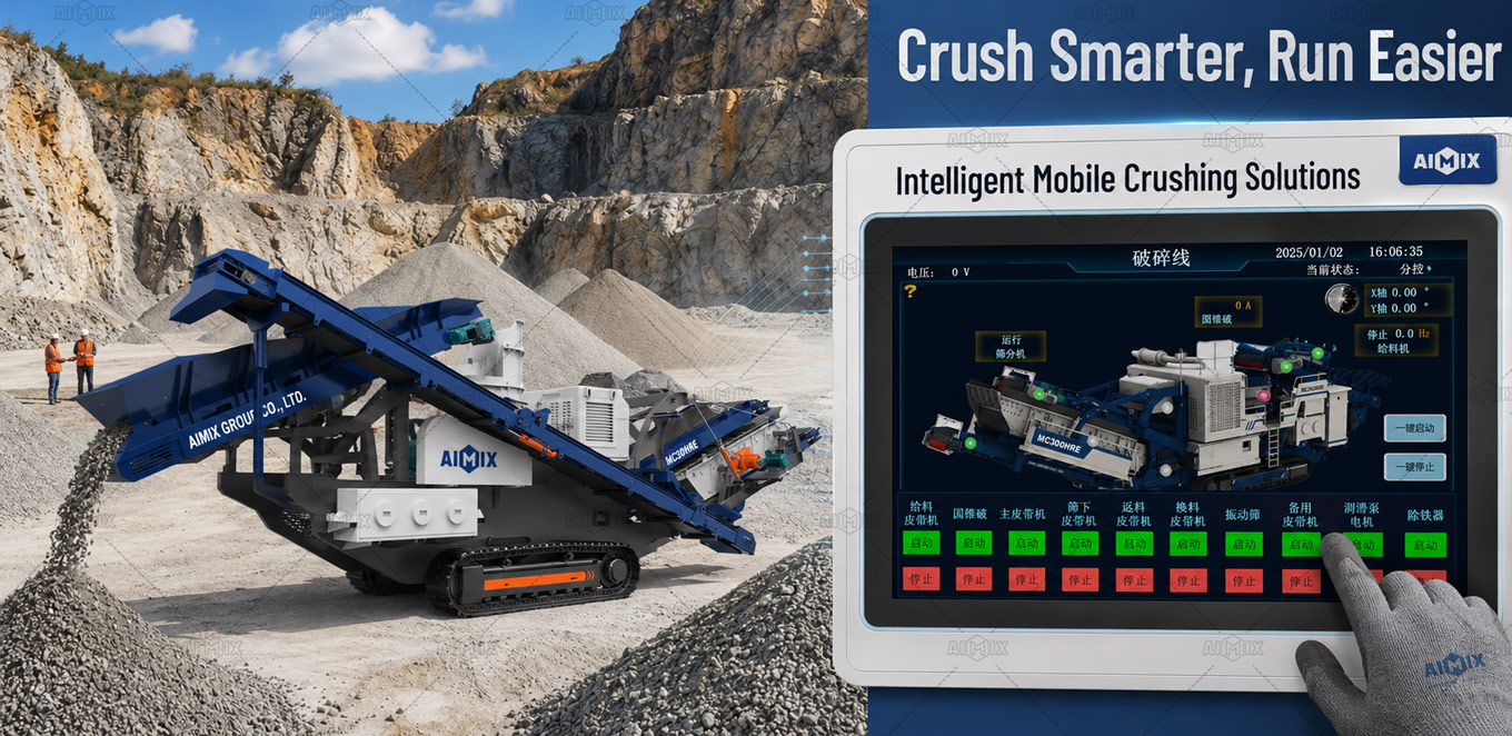 AIMIX wheel type mobile crushing plant operating on an aggregate jobsite with an integrated PLC smart touchscreen control panel showing real-time production data