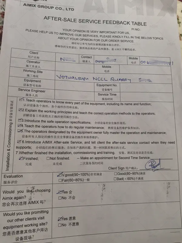 Tabla de comentarios sobre el servicio posventa de la planta mezcladora de tambor estacionaria de 40 t/h en Fiji.