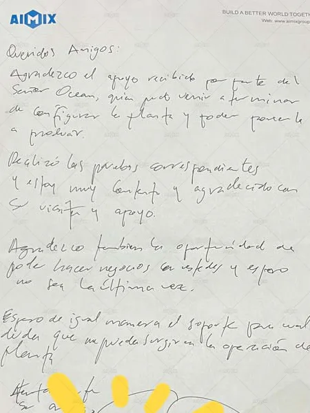 Carta de recomendación del cliente para la planta de mezcla de asfalto de tambor ALT120 en Guatemala